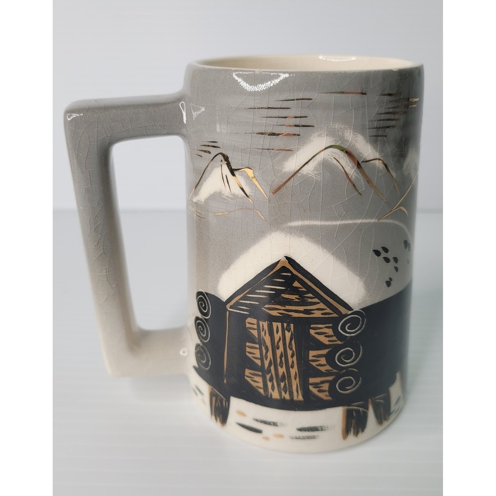 Sascha Brastoff Mug Hand Painted Grey Cabin Mountain Mid Century Modern